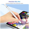 A hand holds a white precision disc pen writing on the screen of a smartphone displaying a cat.