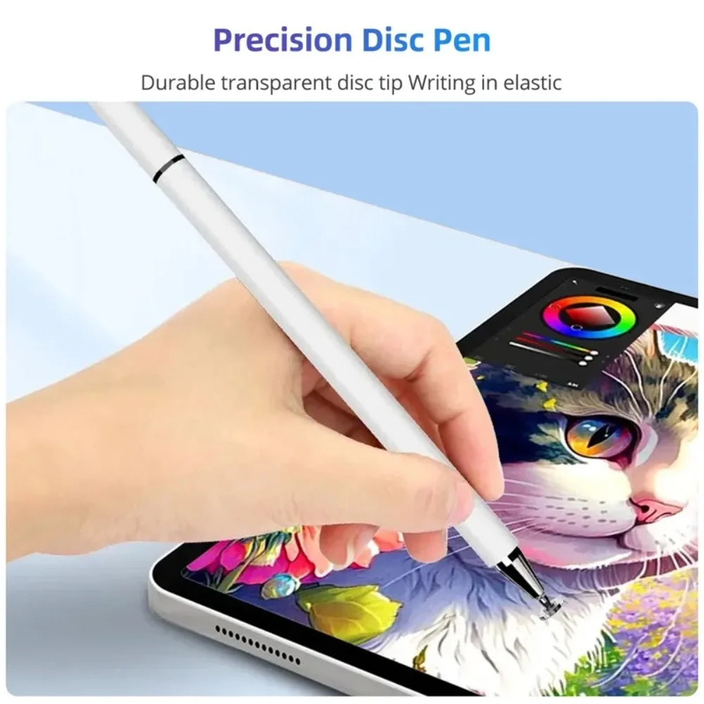 A hand holds a white precision disc pen writing on the screen of a smartphone displaying a cat.