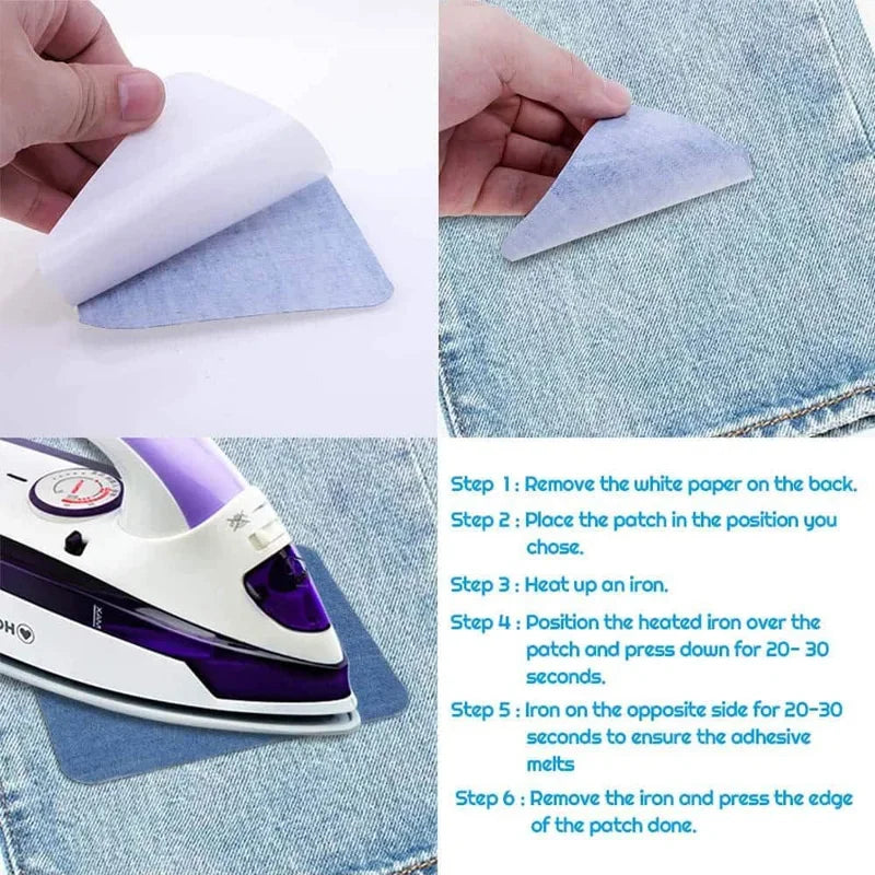Demonstration of using a cotton iron-on patch for denim repair and decoration on fabric.