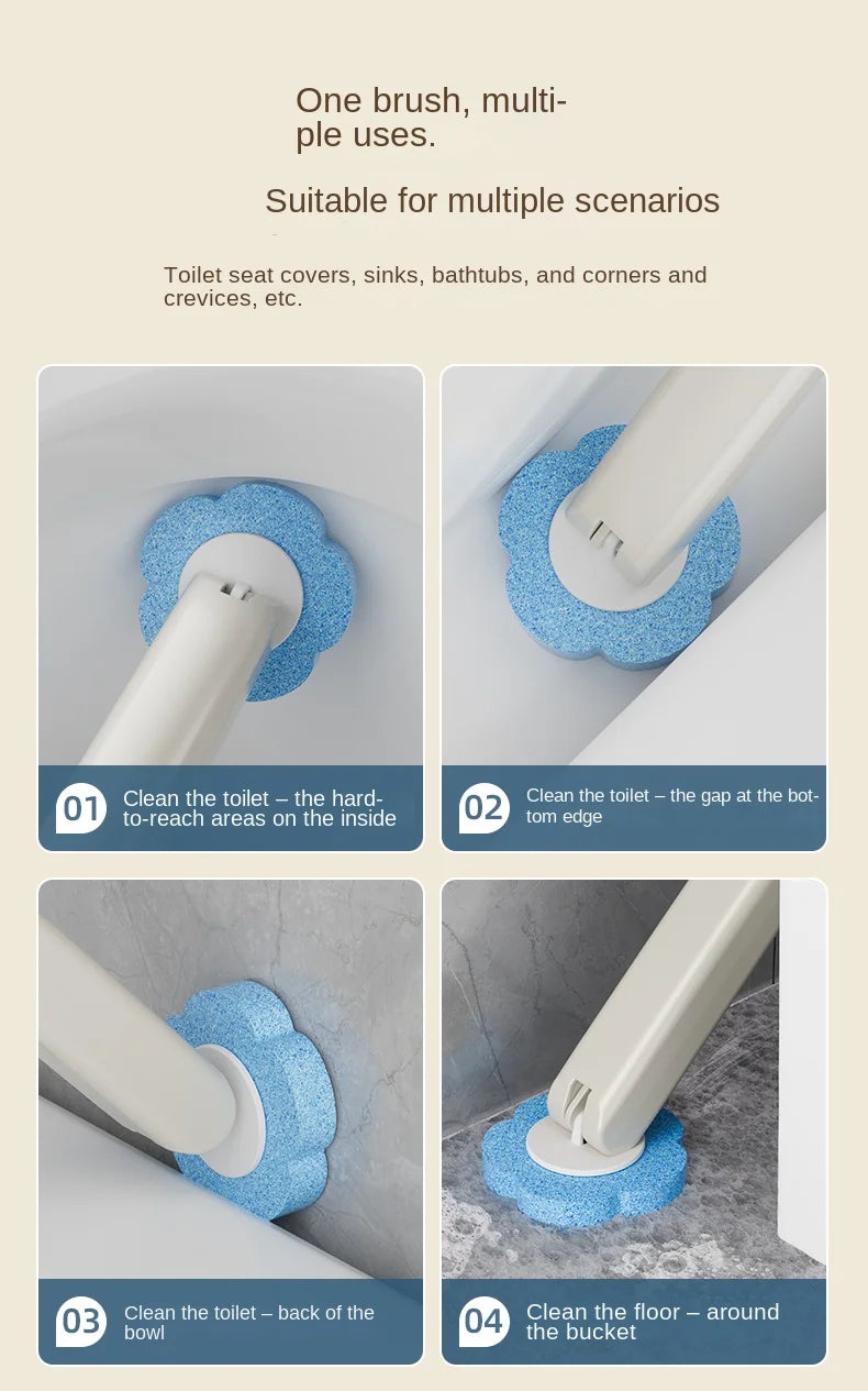 A disposable toilet brush set used for cleaning various areas including the toilet, sinks, bathtubs, and corners.