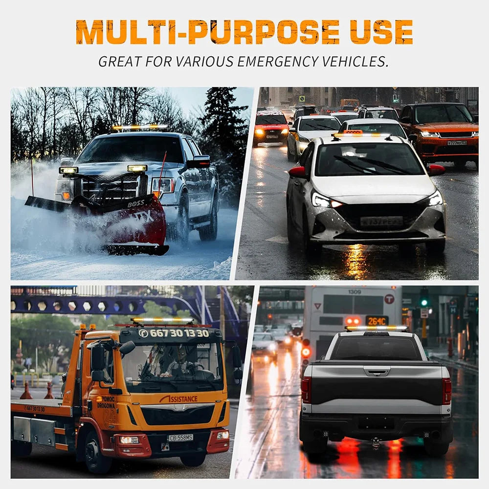 A black pickup truck is shown driving on a wet road with a bright LED rooftop strobe light bar mounted on the roof.