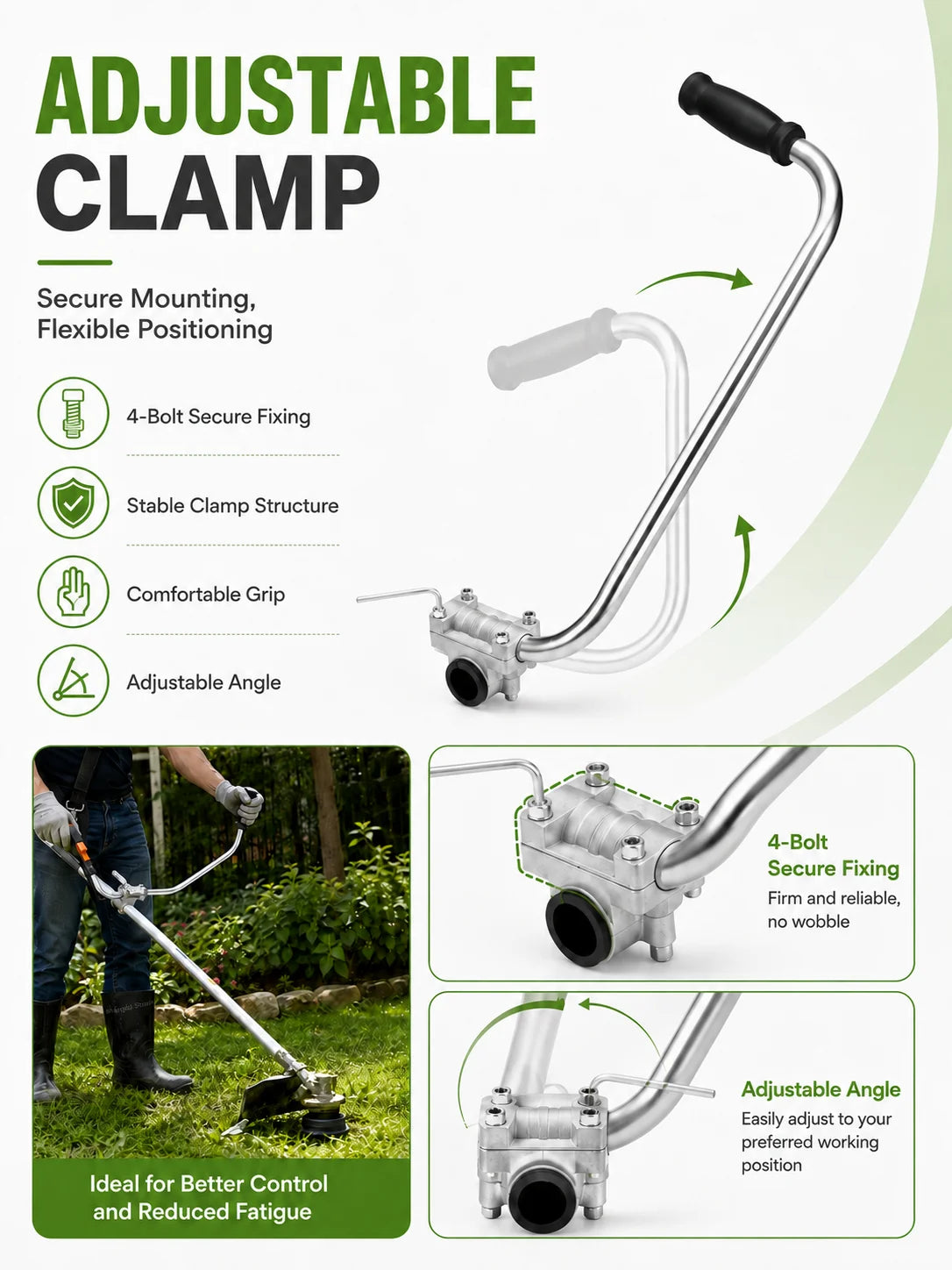Adjustable clamp mounting system for trimmers and brush cutters featuring a flexible handle and secure fixing