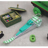 A stainless steel bias tape maker set with four different sized tapes and a green and white striped tool.