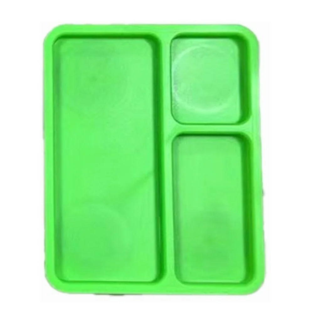 A bright green stackable multi-compartment storage box with four separate sections for organizing small items.