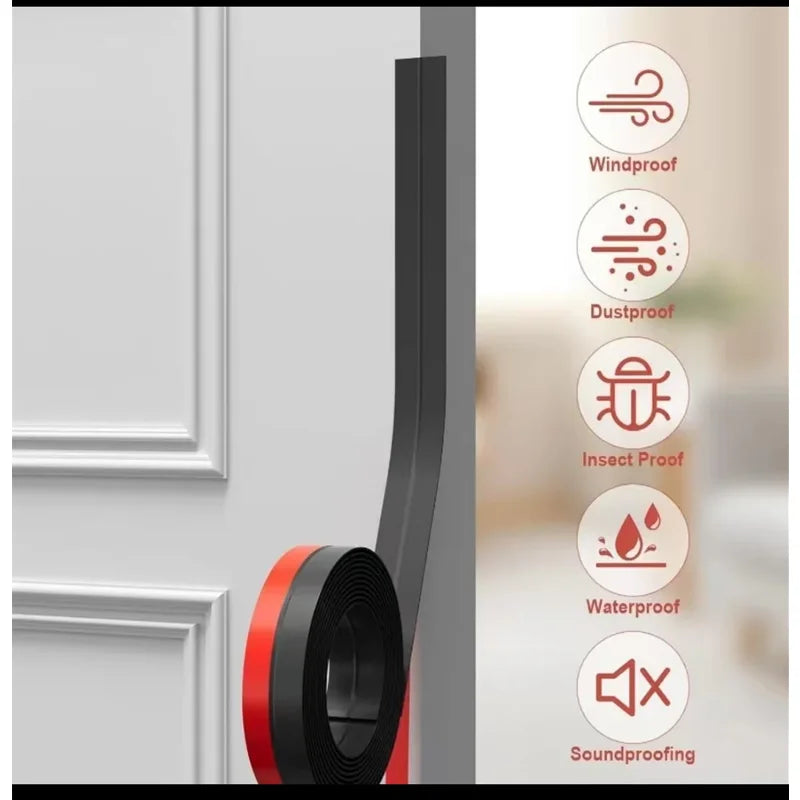 A black door draft stopper with various protective features like windproof, dustproof, insect proof, waterproof, and soundpro