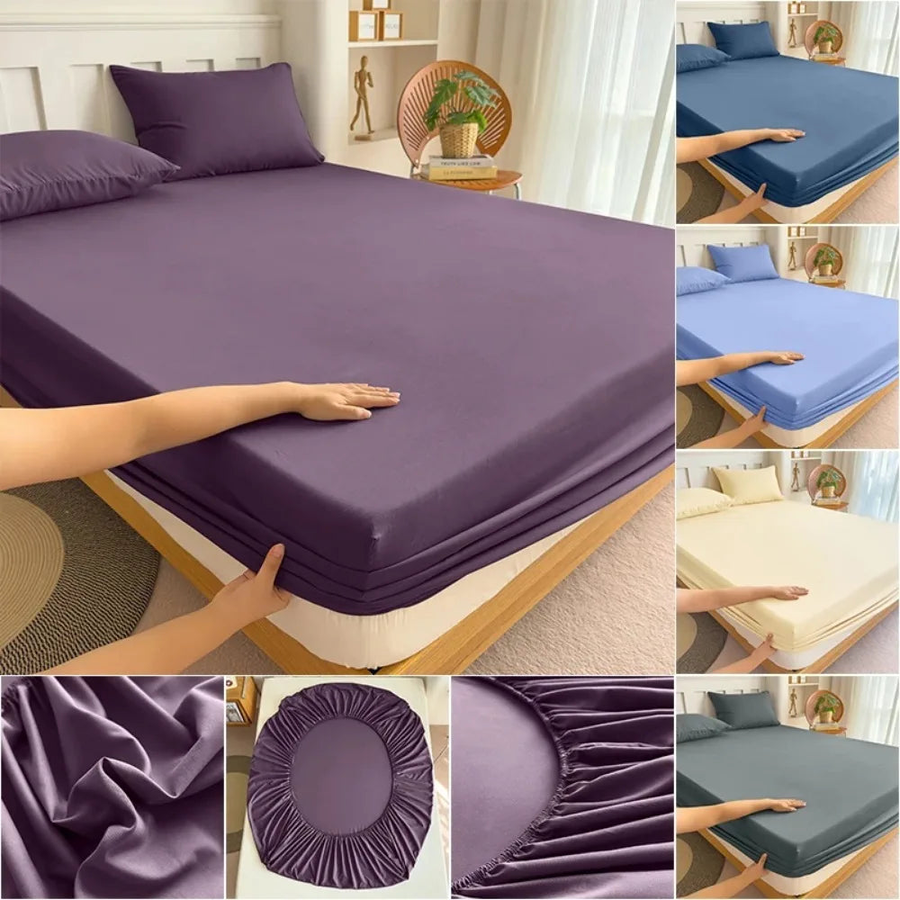A purple fitted bed sheet with an elastic band is shown being placed on a bed, along with close-ups of the fabric texture.