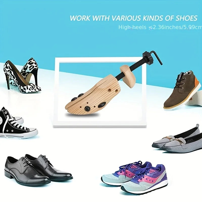 Adjustable wooden shoe stretcher tool shown next to various types of shoes including heels and casual footwear.