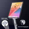 A silver charging design multilayer silicone stand holding an iPad in a vertical position.
