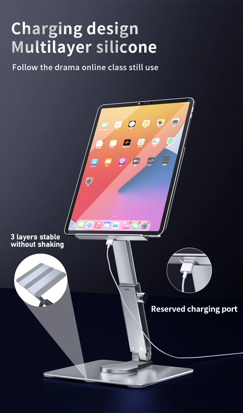 A silver charging design multilayer silicone stand holding an iPad in a vertical position.