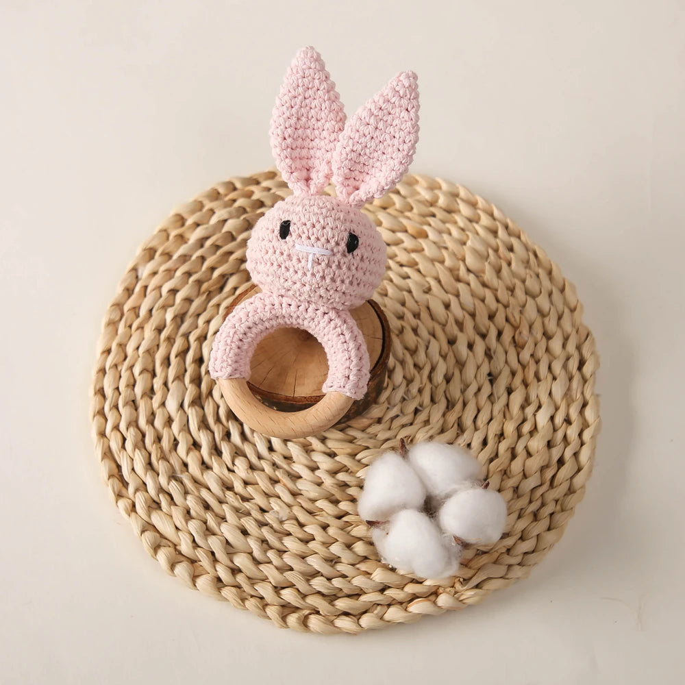 Handmade Crochet Bunny Rattle with Wooden Teether for Babies