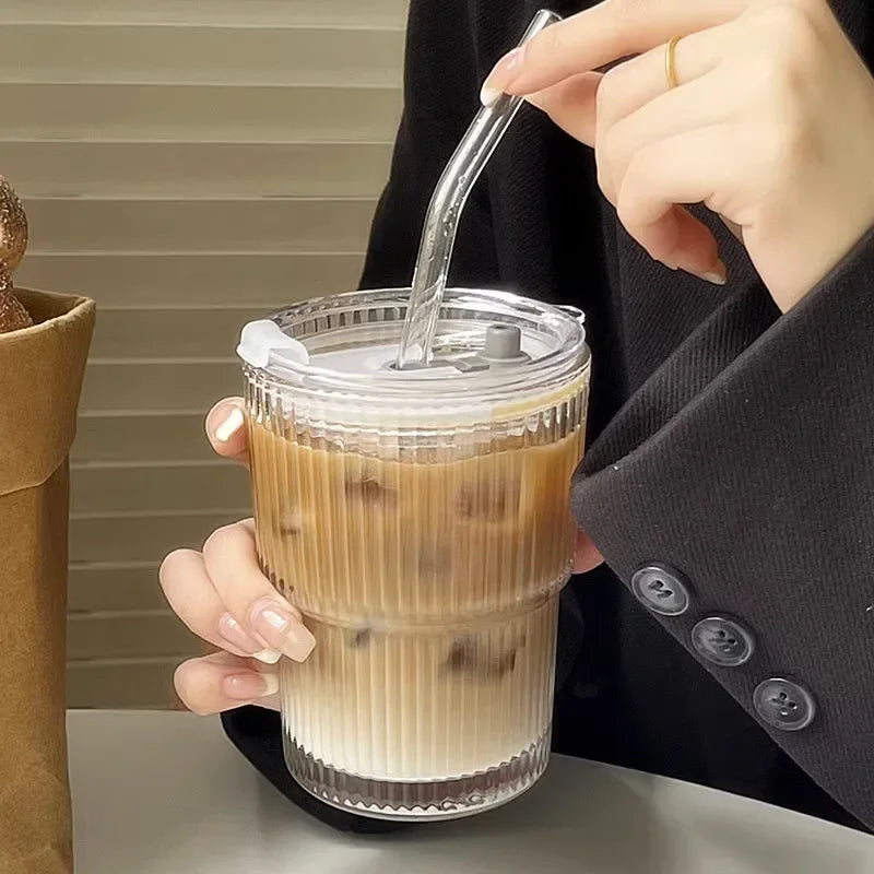 600ml Striped Glass Tumbler with Lid and Straw
