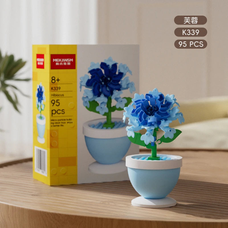 A set of 95 flower pot building blocks in various colors and designs, including blue hibiscus flowers.