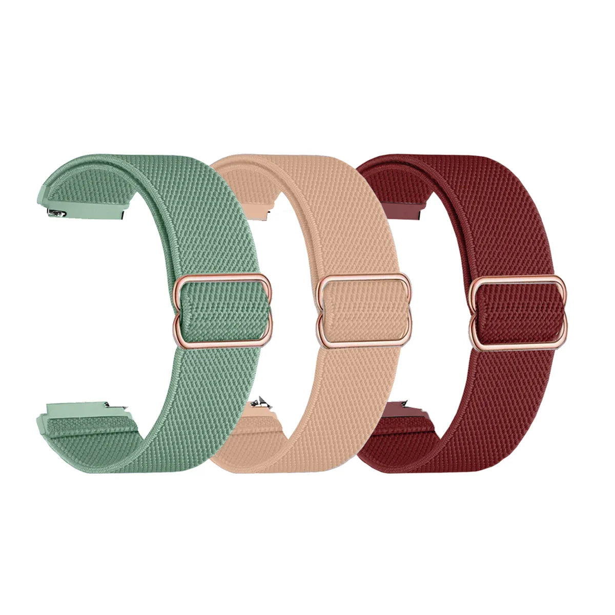 Tres bandas elásticas de colores para rastreadores de fitness: verde, beige y granate.