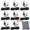 Eight black camping rope tensioners with pulley buckles and a storage pouch