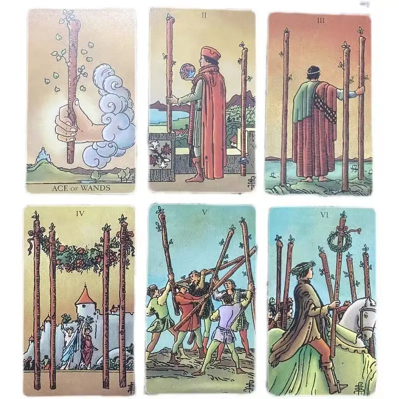 A collection of six tarot cards showing various figures and symbols from the Rider-Waite deck.