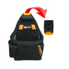Black heavy duty electrician tool pouch with an orange handle and a separate tool storage compartment