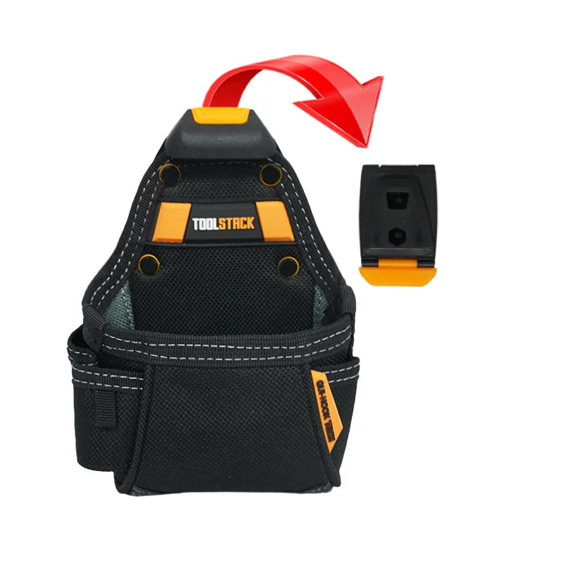 Black heavy duty electrician tool pouch with an orange handle and a separate tool storage compartment