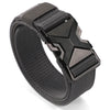 A black tactical nylon belt with a secure metal buckle shown from the side.