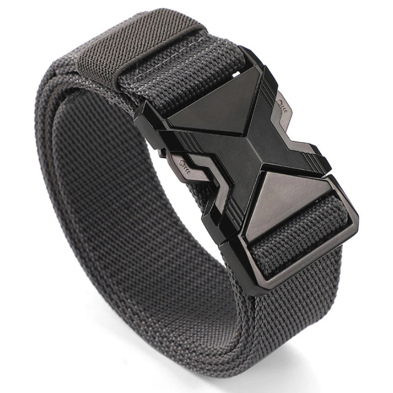 A black tactical nylon belt with a secure metal buckle shown from the side.