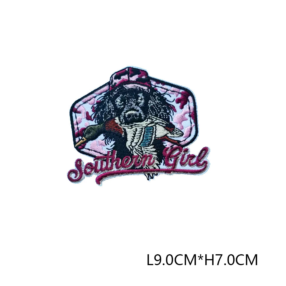 Black and white embroidered patch featuring a bird design with the text Southern Girl