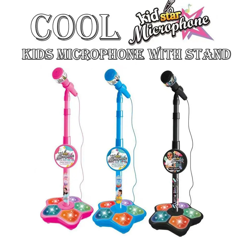 A portable karaoke microphone with a stand featuring colorful light effects.