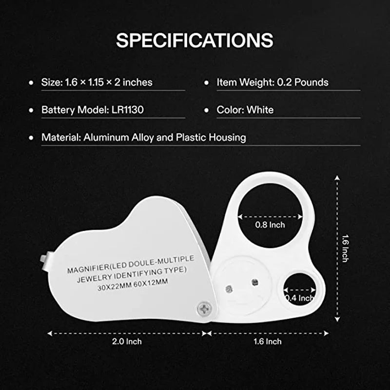 White dual-magnification LED jewelry identifying tool with aluminum alloy and plastic housing
