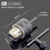 A close-up view of a drill chuck with a 1/2-20 UNF mount thread and a hexagonal shank, shown against a dark background.