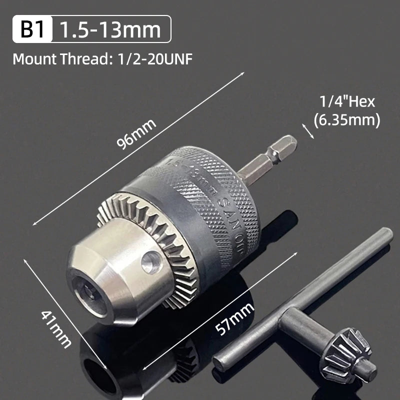 A close-up view of a drill chuck with a 1/2-20 UNF mount thread and a hexagonal shank, shown against a dark background.