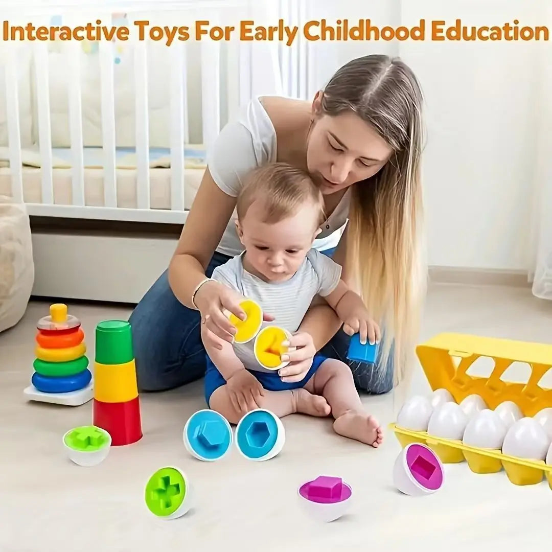 A woman is interacting with a baby and various colorful Easter egg shape sorting puzzle toys on a floor.