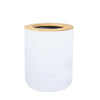 A white cylindrical bamboo bathroom organizer set with a wooden cap and soap dispenser.