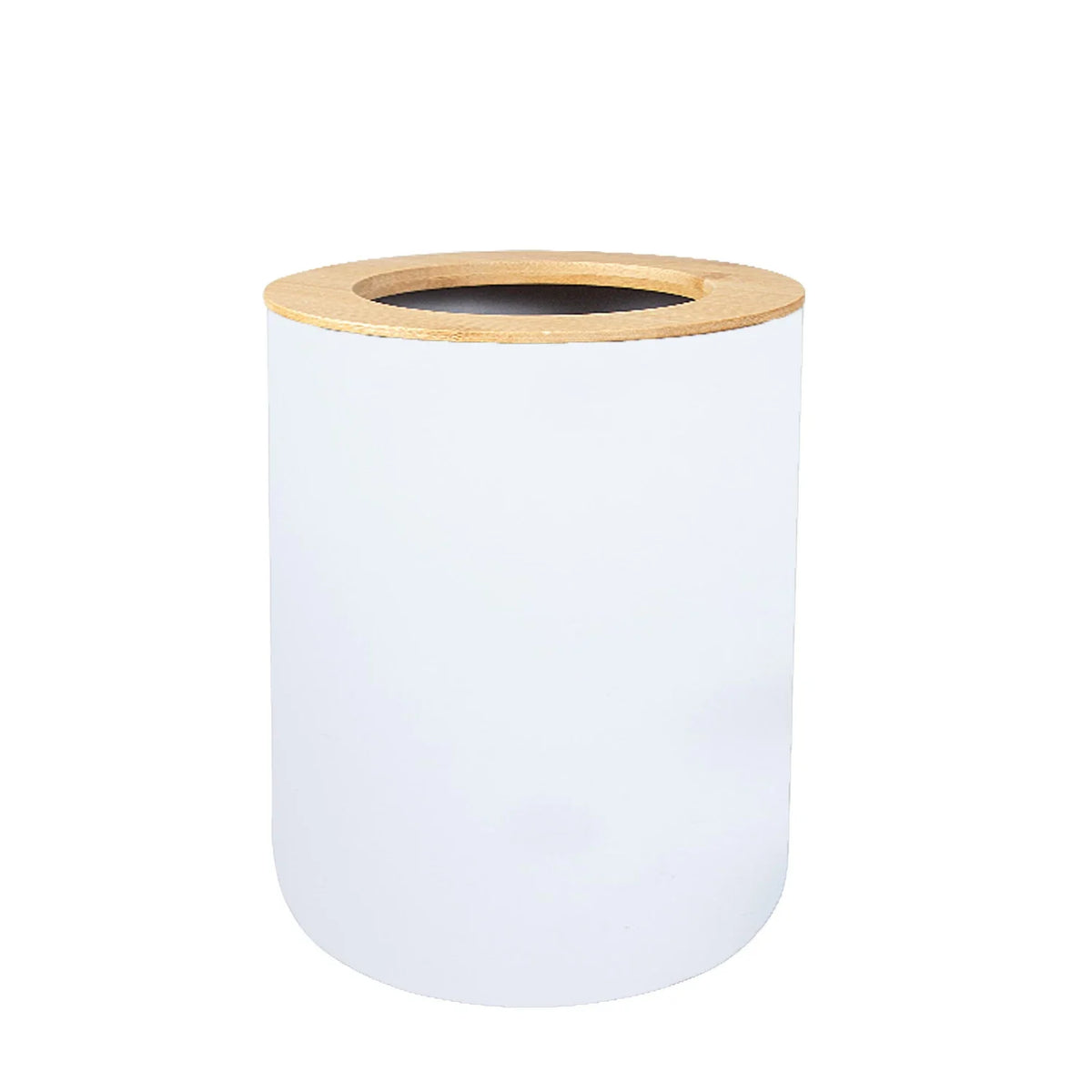 A white cylindrical bamboo bathroom organizer set with a wooden cap and soap dispenser.