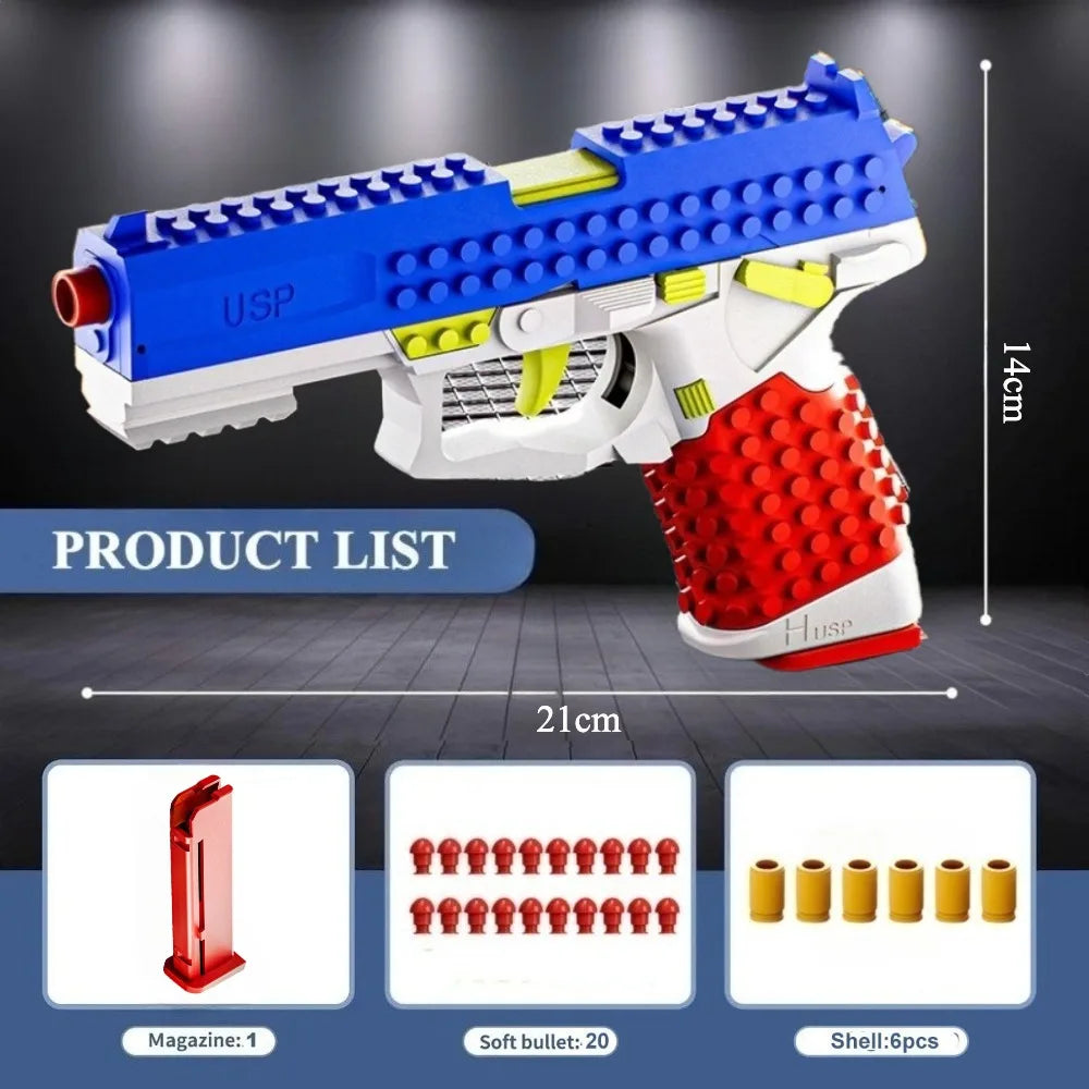 A blue and white building block toy pistol with a red grip and yellow accents, shown from the side.