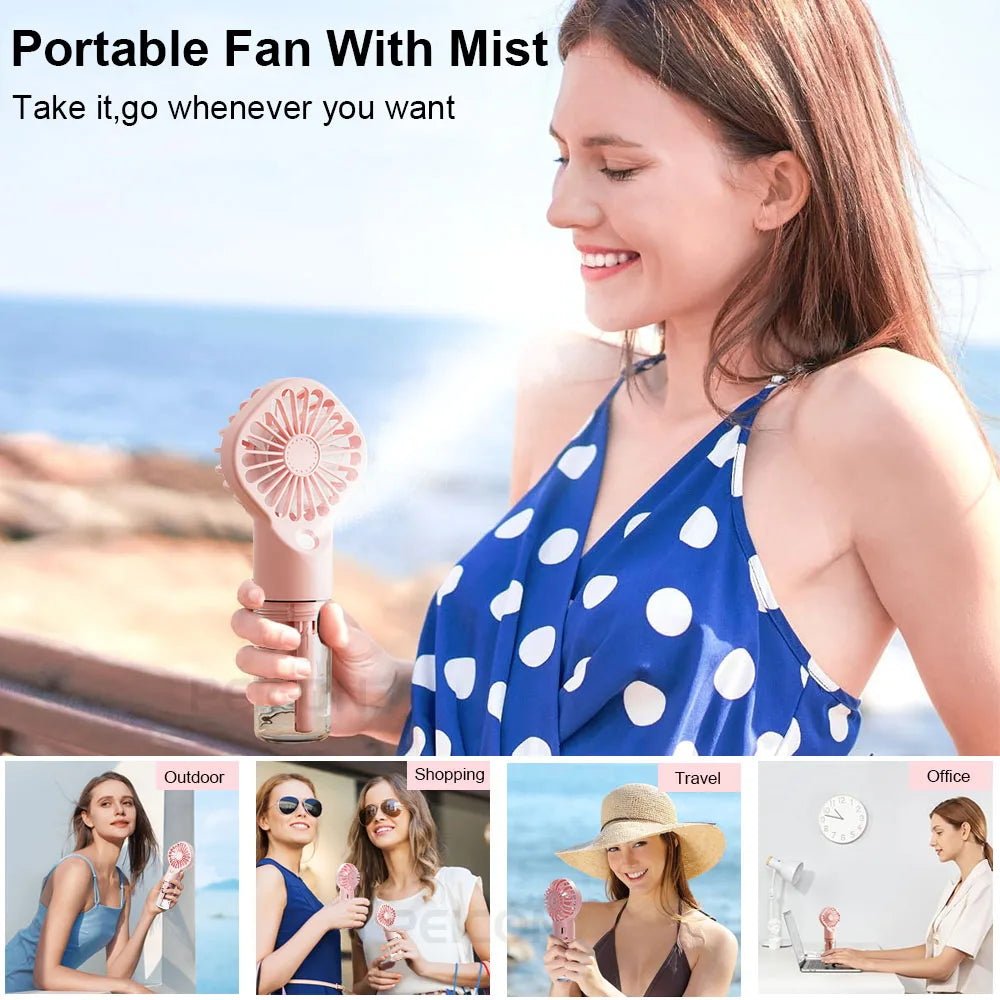 A woman is using a portable fan with mist to cool herself in various outdoor and indoor settings.