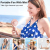 A woman is using a portable fan with mist to cool herself in various outdoor and indoor settings.