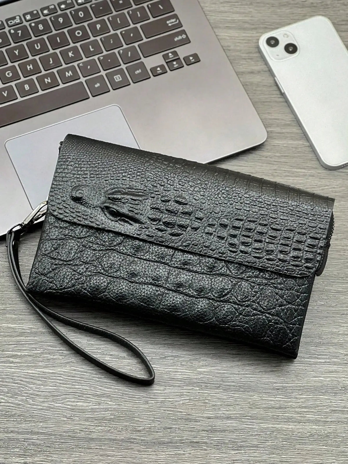 Crocodile Pattern Clutch Bag with Flap Closure