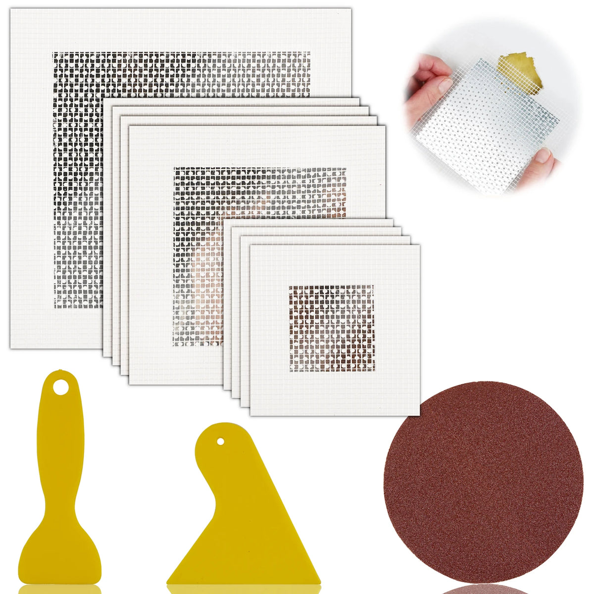 Set selbstklebende Gipskarton-Reparaturpflaster in verschiedenen Größen und Farben, darunter gelb und braun.