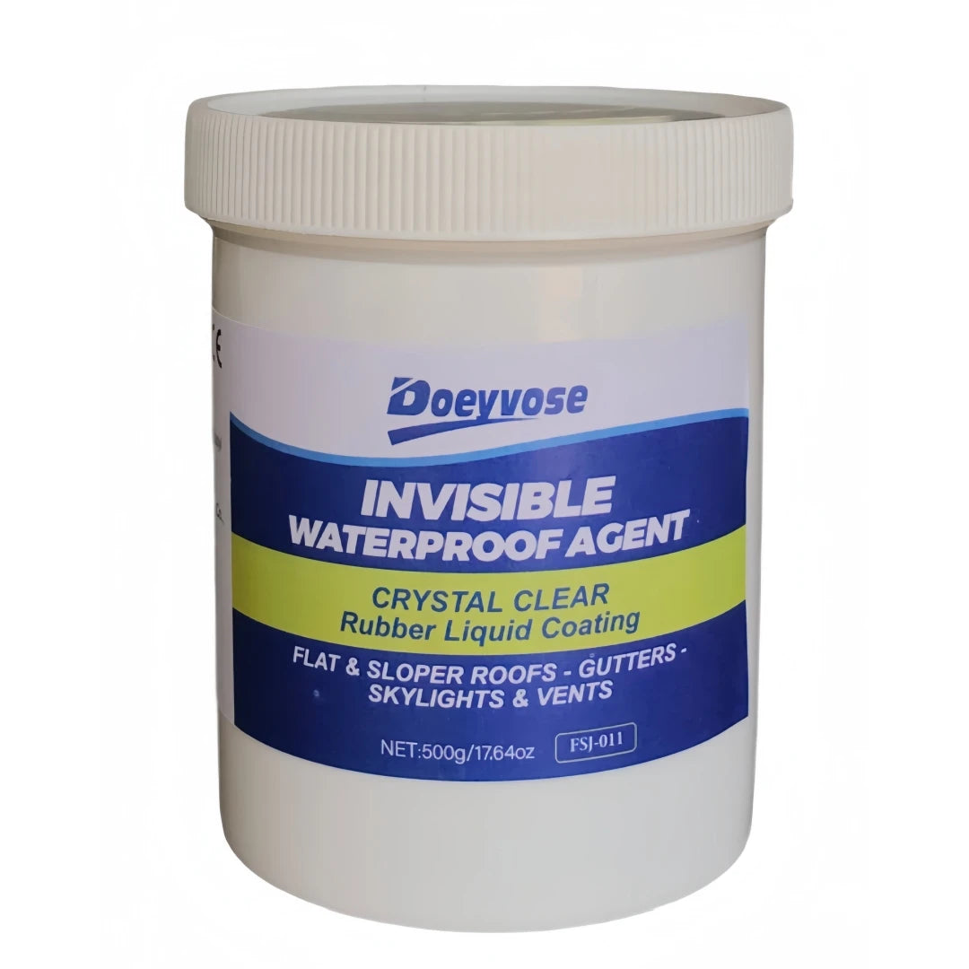 A white plastic container of Doeyvose Invisible Waterproof Agent crystal clear rubber liquid coating for flat and sloper roof