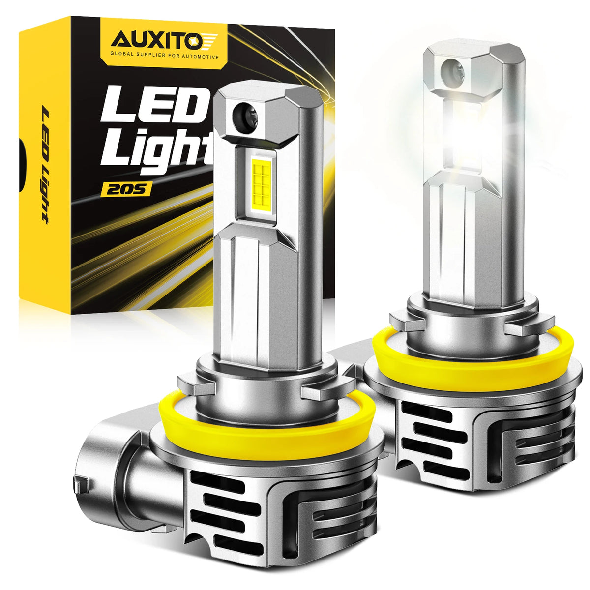 A package and two LED light bulbs with turbo cooling fans are shown.