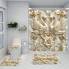 A luxury bathroom set featuring 3D gold-colored swans and roses as a decorative wall panel and floor mats.