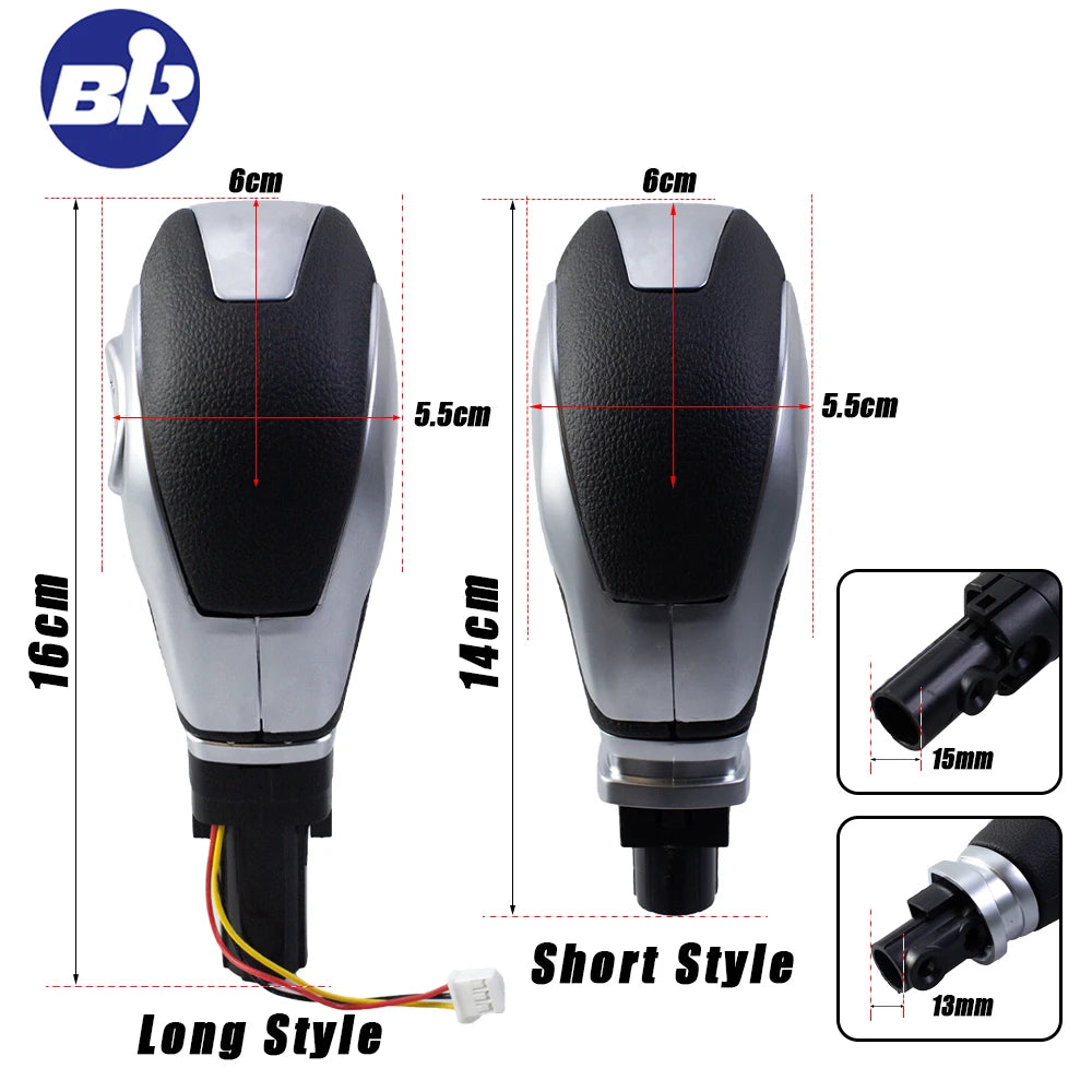Two styles of leather-wrapped gear shift knobs shown with dimensions and wiring for Ford models