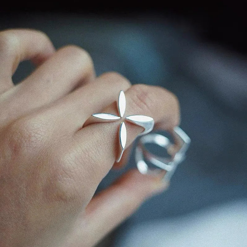 Adjustable Sterling Silver Cross Flower Ring