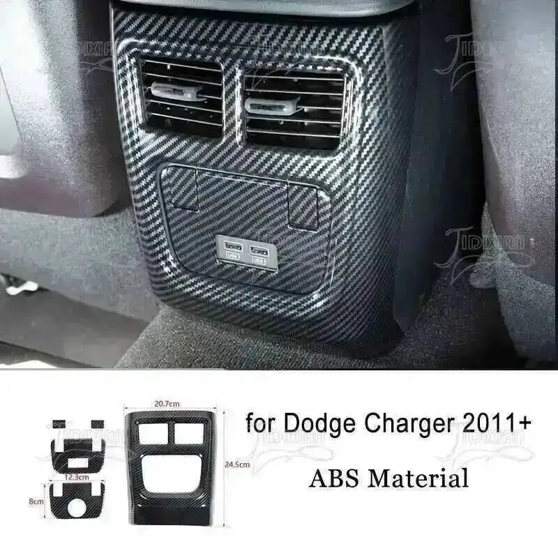 Carbon fiber interior trim kit for Dodge Charger featuring vents and a storage compartment made of ABS material