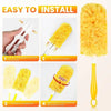 Yellow disposable microfiber duster refill with a handle and attachment for easy installation