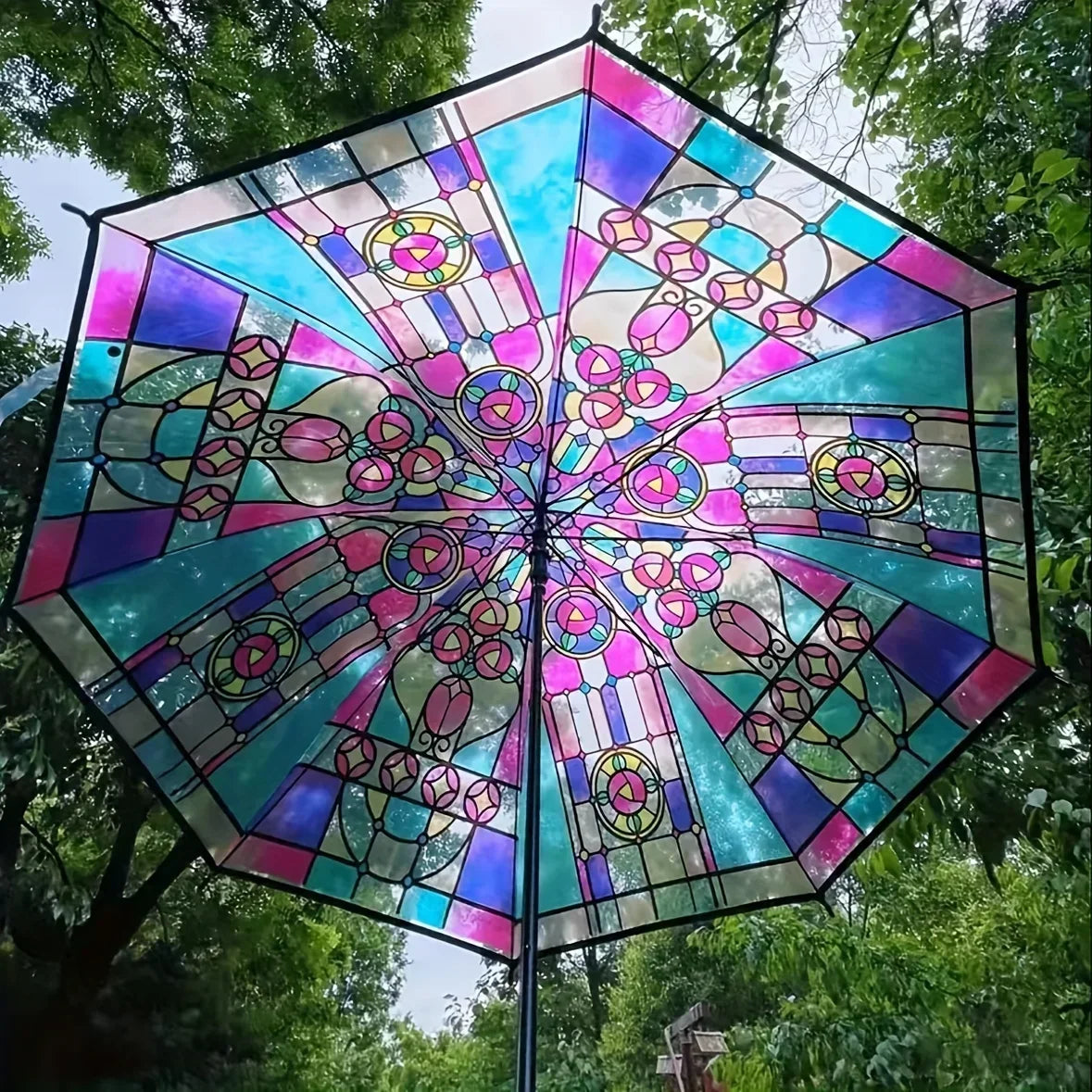 Stained Glass Arch Umbrella with Wind-Resistant Frame