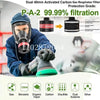 A person wearing a blue shirt and gloves is using a dual 40mm activated carbon gas respirator filter mask.