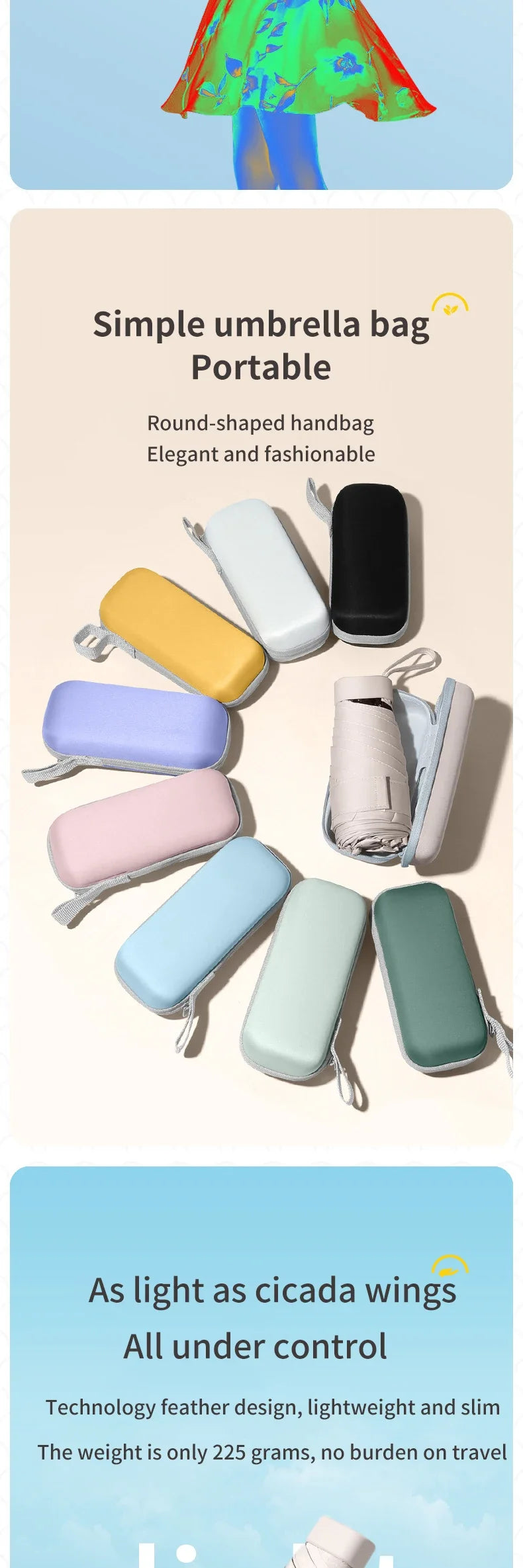 A variety of colorful, round-shaped umbrella bags and capsule cases are displayed on a light background.