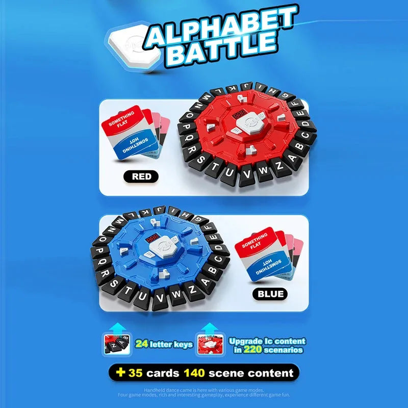 A set of alphabet battle cards featuring red and blue themed tiles for a word game