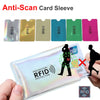 A collection of anti-scan RFID card sleeves in various colors, demonstrating protection against electronic scanning.