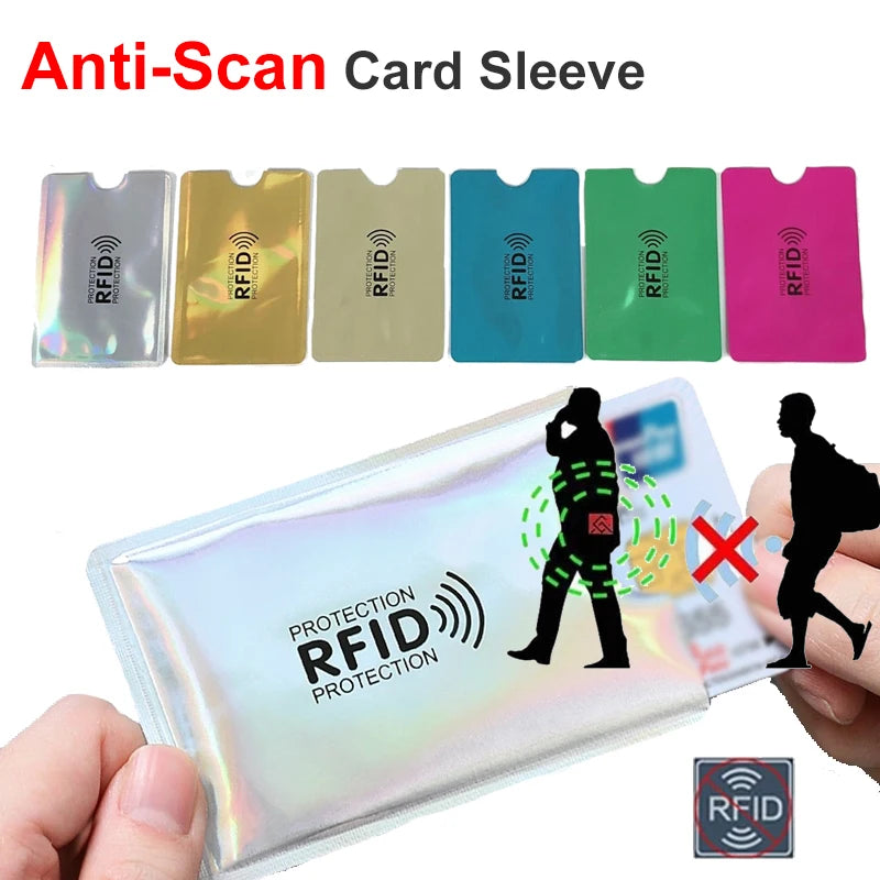A collection of anti-scan RFID card sleeves in various colors, demonstrating protection against electronic scanning.