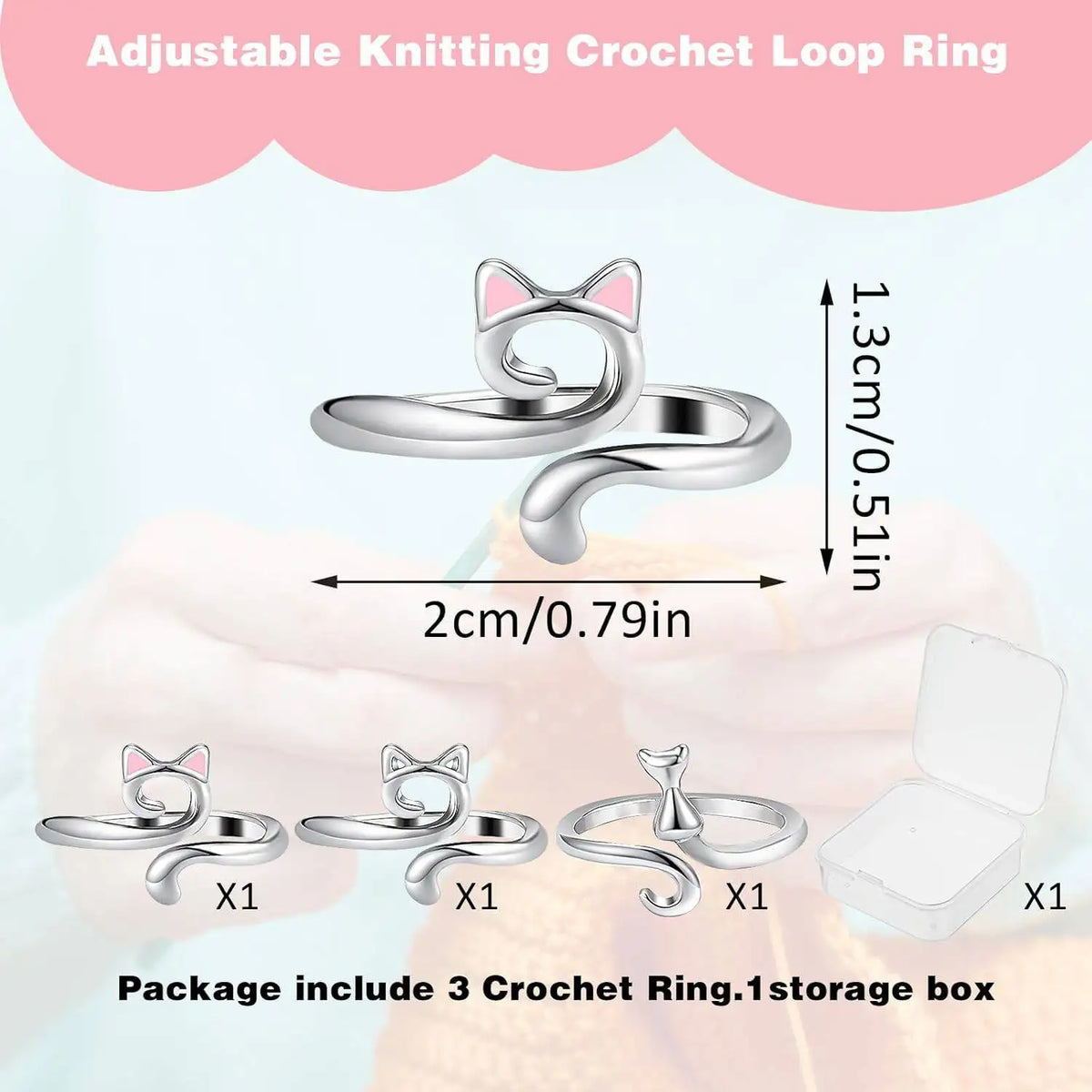 Cat-Themed Crochet Ring Set (3 Pieces)